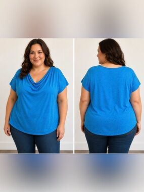 Cato Woman Blue Cowl Neck Top Size 18/20W Relaxed Fit Short Sleeve Plus Size